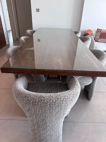 Solid Wood Dining Table with 8 Curved Upholstered Chairs from Marina Home