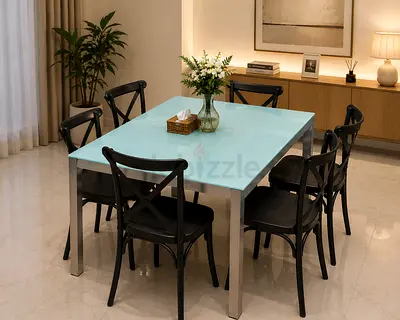 Modern Glass-Top Dining Table with 6 Chairs and 2 additional