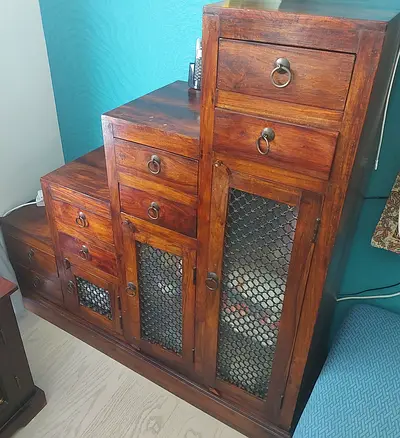 Solid Wood Step-Style Storage Cabinet with Drawers and Mesh Doors