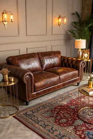 Brown Leather Chesterfield 2-Seater Sofa - Classic Design, Brand New