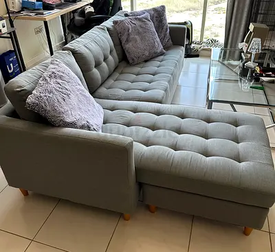Grey L-Shaped Tufted Sofa with Chaise - Good Condition