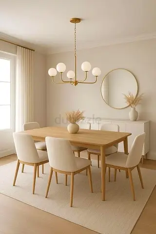 Light Wood Dining Table with 6 Cream Upholstered Chairs - Minimalist Set