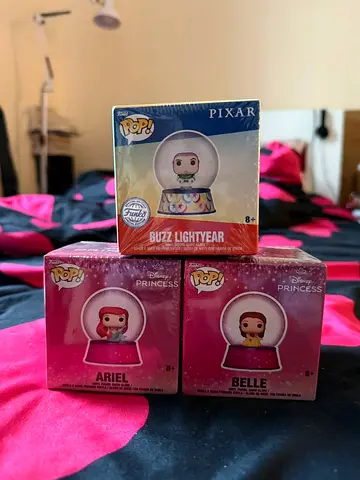 Set of 3 Funko Pop! Snow Globe Minis — Buzz Lightyear, Ariel, Belle (New in Box)