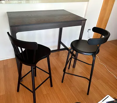 high wood table  2 chairs