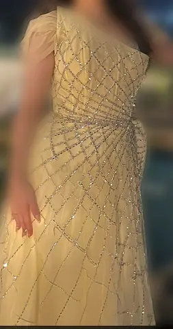 Ivory beaded evening gown with tulle off-shoulder sleeves — size available
