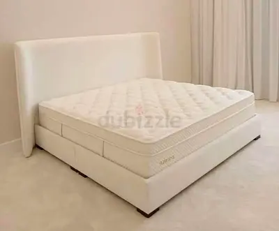 Queen upholstered bed frame with mattress - cream/ivory