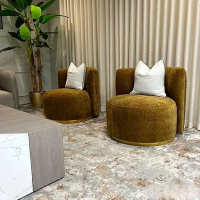 Pair of Modern Olive Velvet Accent Chairs - Round Barrel Design