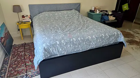 Queen storage bed frame with textile headboard cover (w/o matress)
