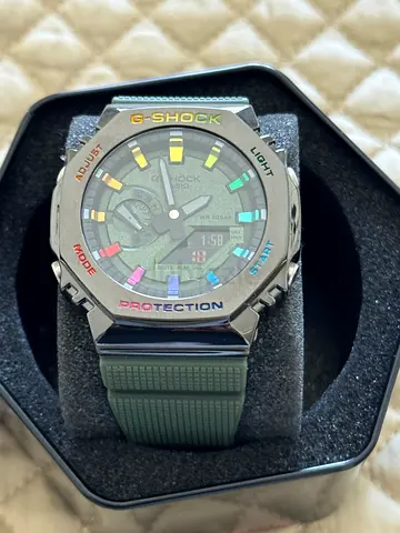 Casio G-Shock GA2100-style Rainbow Accent Mens Watch with Green Resin Strap