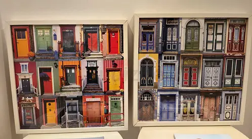 Pair of Framed Multicolor Door Collage Prints - Excellent Condition