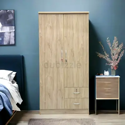Two-door Wooden Wardrobe with Lockable Drawers - Light Oak Finish