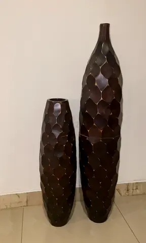 Set of Two Tall Decorative Floor Vases - Dark Brown Textured Finish