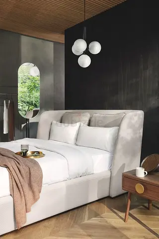 Upholstered Double Bed with Padded Headboard - Neutral Fabric