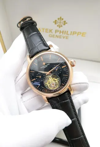 Patek Philippe-style Rose Gold Mechanical Mens Master Copy Watch with Tourbillon Window