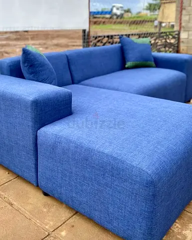 Blue L-shaped Fabric Sofa with Chaise