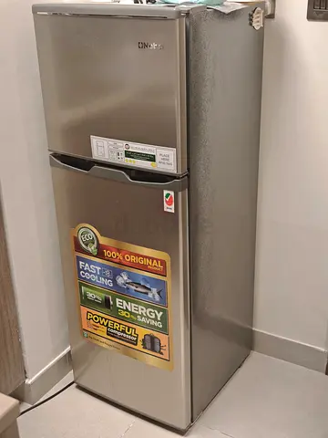 Small Silver Double-Door Refrigerator - Compact, Energy Saving
