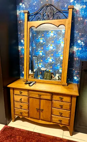 Wooden Dresser with Large Mirror and Decorative Iron Top