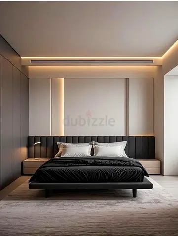 Modern low-profile platform bed with integrated headboard and bedside tables