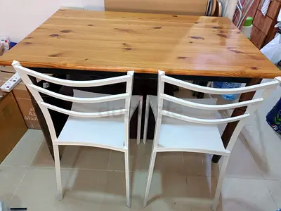 Solid Wood Dining Table with 2 White Metal Chairs - Compact Set and 2 fibre chair
