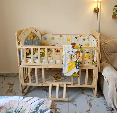 Almost New Baby Wooden Crib / Cot with Mattress, Bedding  Mosquito Net
