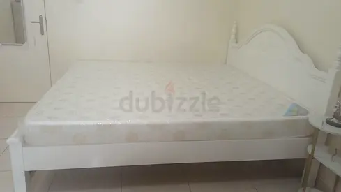 White wooden double bed frame with mattress - good condition