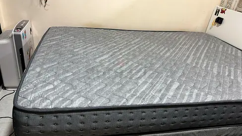 Queen-size grey pocket spring mattress and bed frame - excellent condition