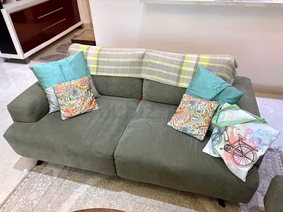 3 + 2 seater Green Fabric Sofa - Modern, Comfortable, Good Condition