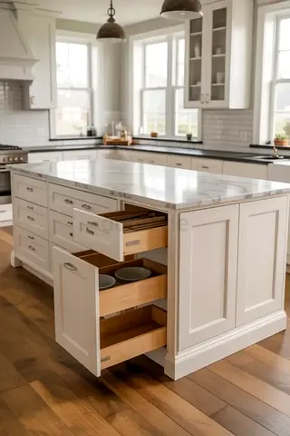 White Kitchen Island with Marble Top and Built-in Drawers