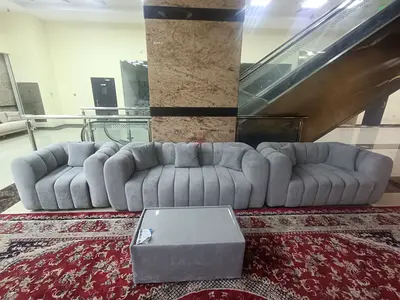 Modern Curved Grey Velvet 6-Seater Sofa Set with Ottoman