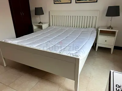 White Wooden Double Bed Frame with Headboard and Two Bedside Tables