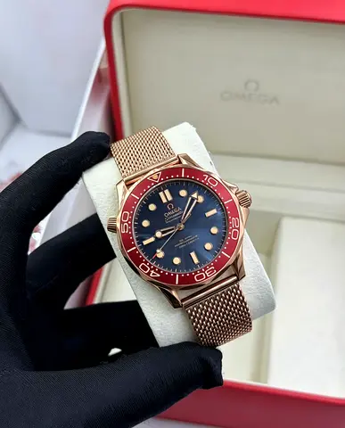 Omega Seamaster 300M Rose Gold Tone with Red Bezel - Mesh Bracelet Master Copy watch