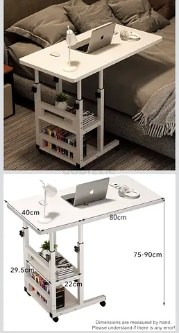 Height-Adjustable White Side Table with Storage Shelves (75–90cm) and Home Office Desk Chair