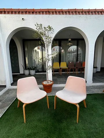 Pair of BOBOBOOM Modern Chairs with Light Pink Upholstery -