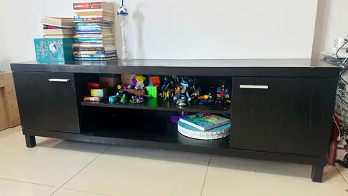 Dark Wood TV Entertainment Unit with Storage Shelves and Cupboard Doors