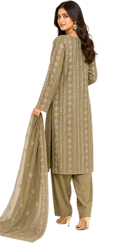 Olive Green Embroidered Salwar Kameez Set with Dupatta - Size M