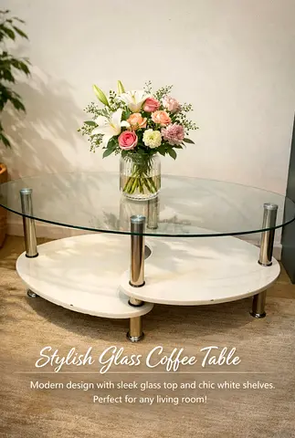 Modern Round Glass Coffee Table with White Shelves