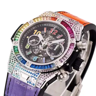 Mens Rainbow Bezel Chronograph Master Copy Watch with Leather Strap