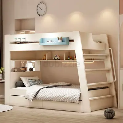 Modern White Wood Bunk Bed with Storage and Ladder