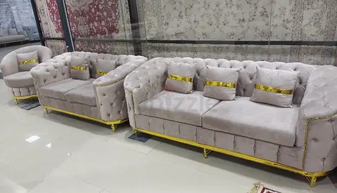 Light Beige Tufted 5-Seater Sofa Set with Gold Accents (2 Sofas + 1 Chair)