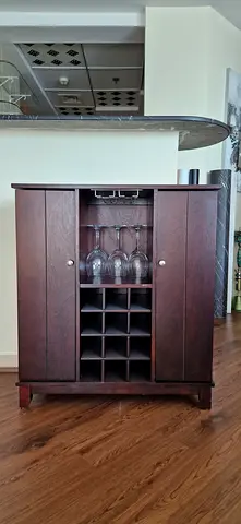 Compact Wooden Wine Cabinet with Glass Rack and Storage