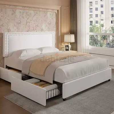 Nailhead boarder 4 drawers queen bed