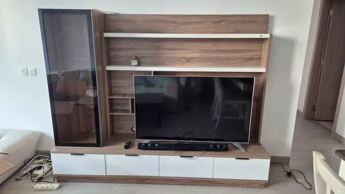Modern TV Entertainment Unit with Glass Display Cabinet - Wood  White