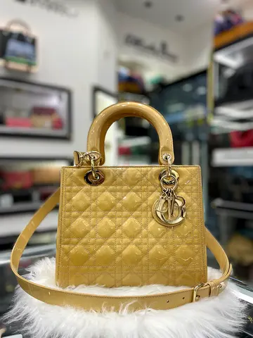 Christian Dior Yellow Cannage Patent Medium Lady Dior Tote Bag (Authentic/PreOwned)