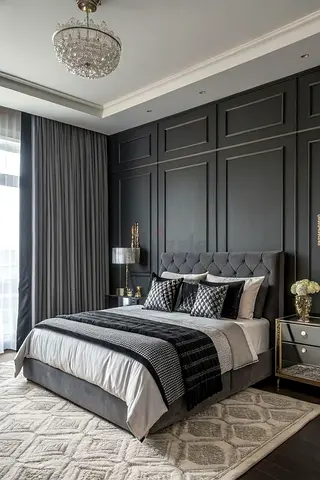Grey upholstered bed with padded headboard