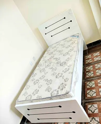Single White Wooden Bed with Mattress - Good Condition