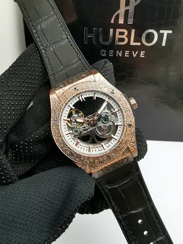 Hublot Skeleton Engraved Rose Gold Mens Master Copy Watch with Black Leather Strap