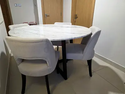 Round Marble Dining Table with 4 Upholstered Chairs
