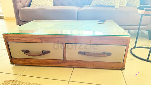 Solid Travel design Wood Coffee Table with Glass Top and Two Drawers