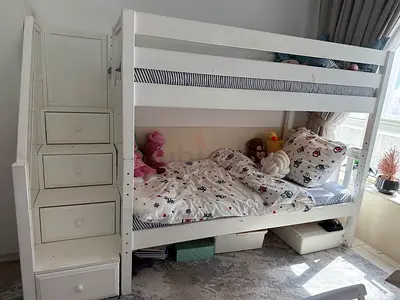 White wooden bunk bed with storage stairs +Wardrobe+ Study desk in a good condition