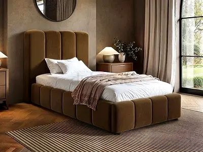 Modern upholstered double bed with padded headboard — brown velvet finish